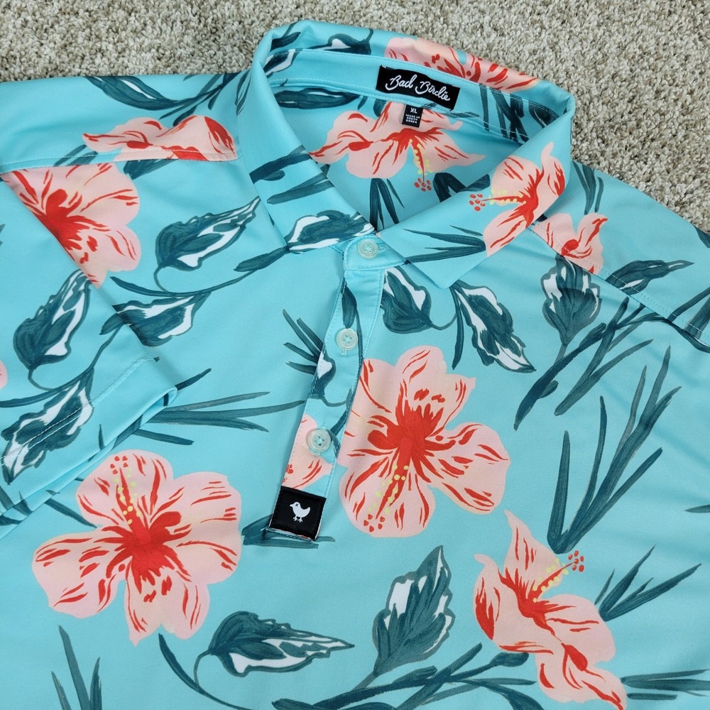 Bad Birdie Mens XL Blue AOP Floral Performance Stretch Golf Polo Short Sleeve